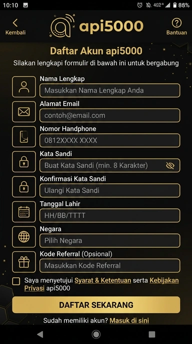 Cara Daftar Akun Baru api5000 untuk Pengguna Android