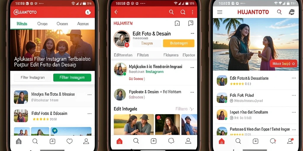 Antarmuka aplikasi HUJANTOTO dengan berbagai pilihan filter Instagram.