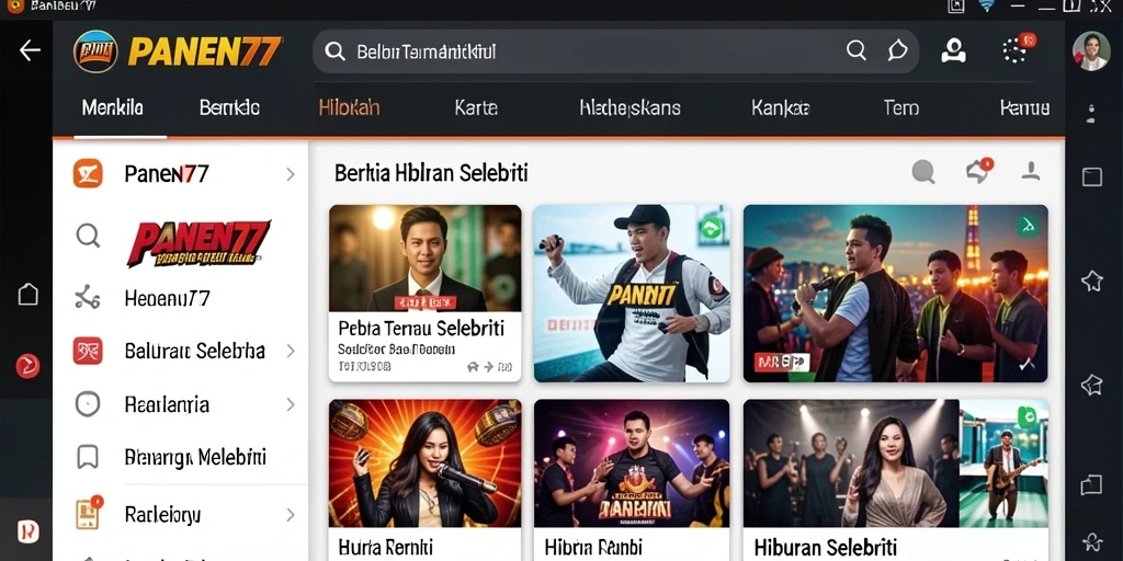 Screenshot antarmuka aplikasi PANEN77 menampilkan fitur berita selebriti.